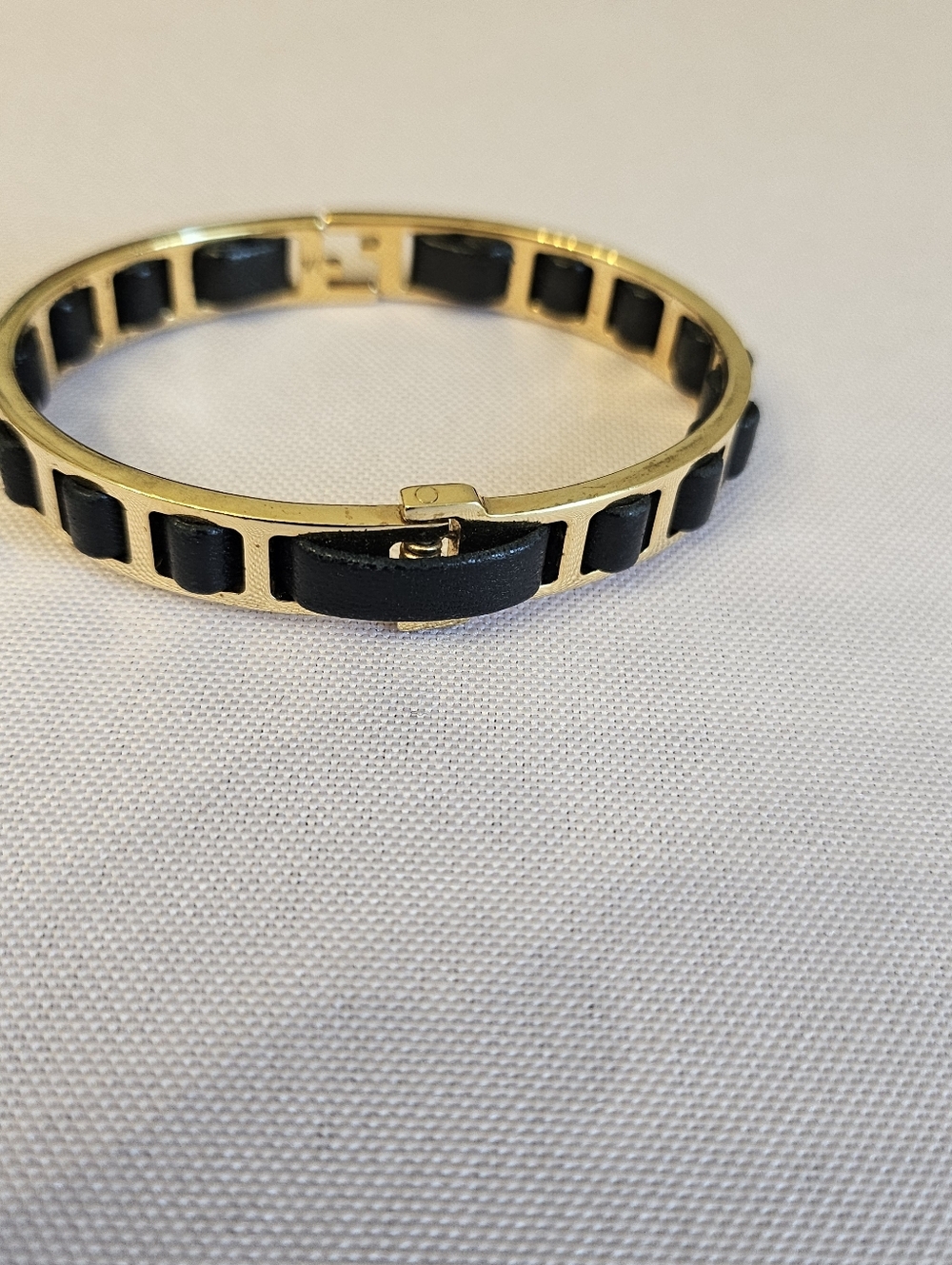 Fendi Gold Tone Black Leather FF Logo Hinged Bangle Bracelet w/ Box - Picture 3 of 6